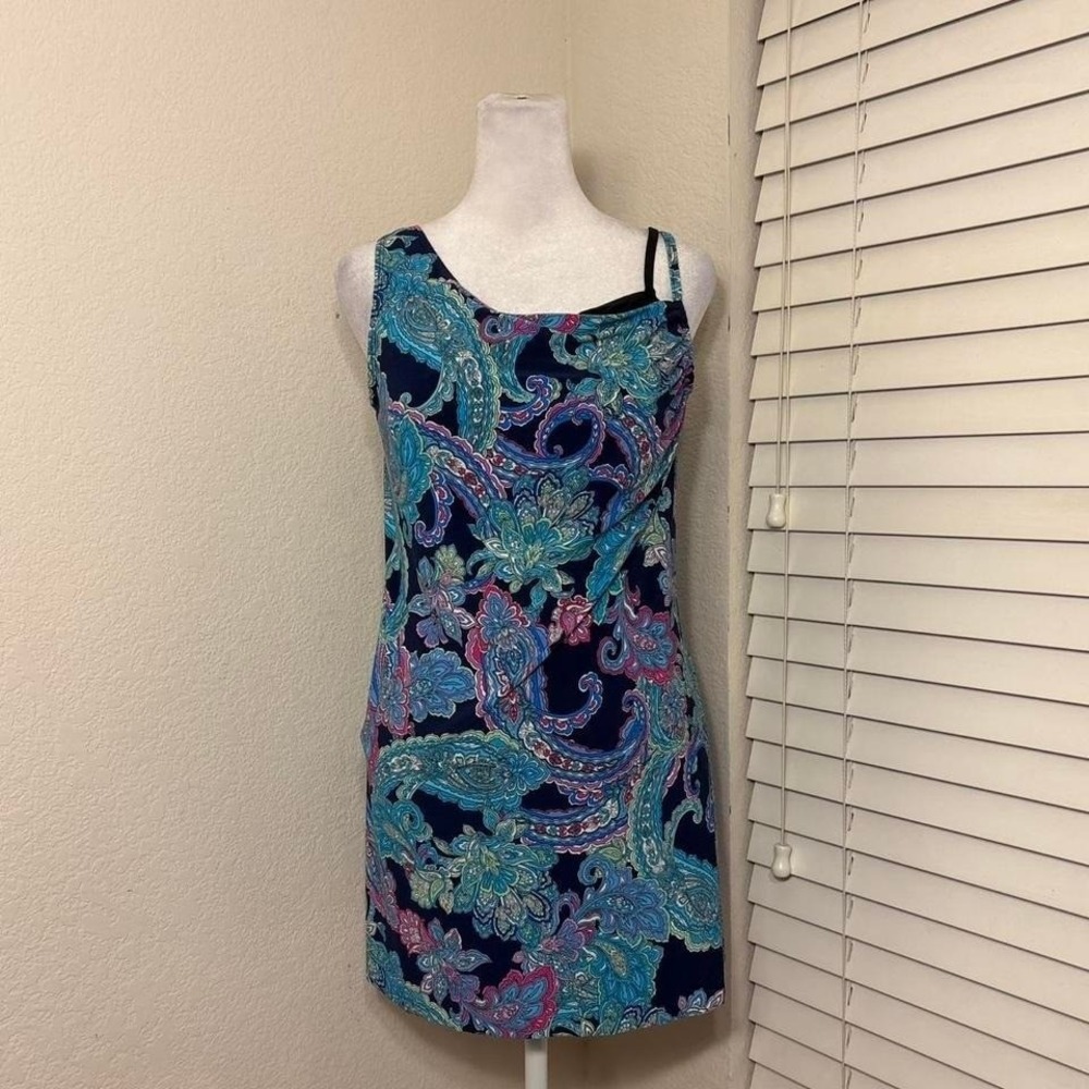 Trimshaper size 16 swim dress one piece blue paisley tropical flowy swimsuit